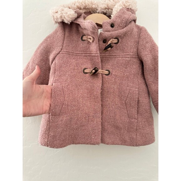 Zara Dusty Pink Lined Coat Jacket Hooded Faux Fur Baby Toddler Girl 12-18m - Picture 4 of 6